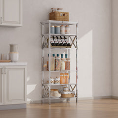 Vertical Storage Rack, 6 Shelf Tiers, Silver Stainless Steel