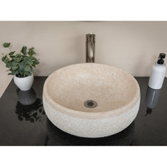 Vessel Bathroom Sink, Circular, Stone, 17 Inch, Beige
