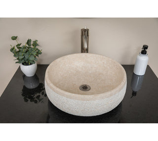 Vessel Bathroom Sink, Circular, Stone, 17 Inch, Beige