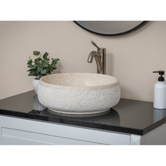 Vessel Bathroom Sink, Circular, Stone, 17 Inch, Beige
