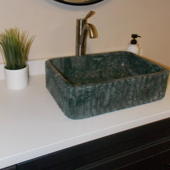 Vessel Bathroom Sink, Rectangular, Dark Green Marble, 18-Inch
