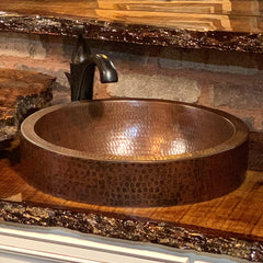 Vessel Sink, Small Round Skirted, Hammered Copper, 15 Inch, Bronze