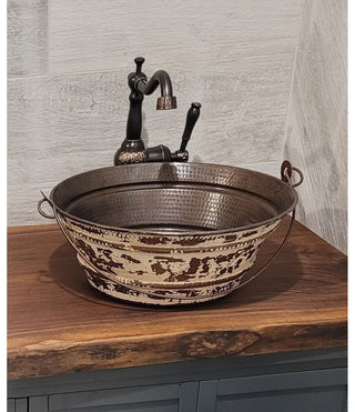 Vessel Sink, Vintage Bucket, Hand Hammered Copper, 15 Inch, Aged Copper/Antique White