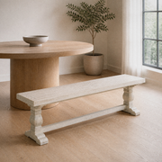 In a room | second angle in the same oak dining room, the bench's far end and whole long side visible; table is styling only