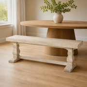 In a room | the bench in a warm flax dining room, bright soft midday light; table is styling only