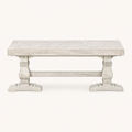 Front | distressed-ivory pine dining bench centered on paper, turned legs and stretcher