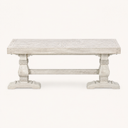 Front | distressed-ivory pine dining bench centered on paper, turned legs and stretcher