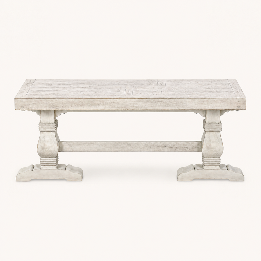 Front | distressed-ivory pine dining bench centered on paper, turned legs and stretcher