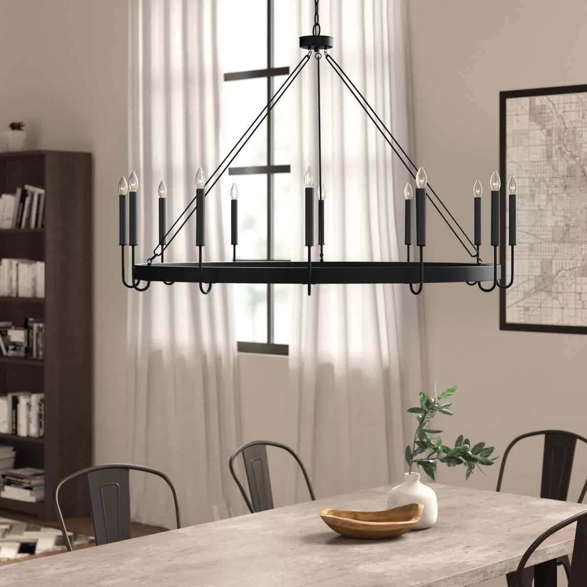 Wagon Wheel Chandelier, 12-Light Steel with Adjustable Chain