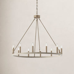 Wagon Wheel Chandelier, 12-Light with Driftwood/Brass Dust Finish