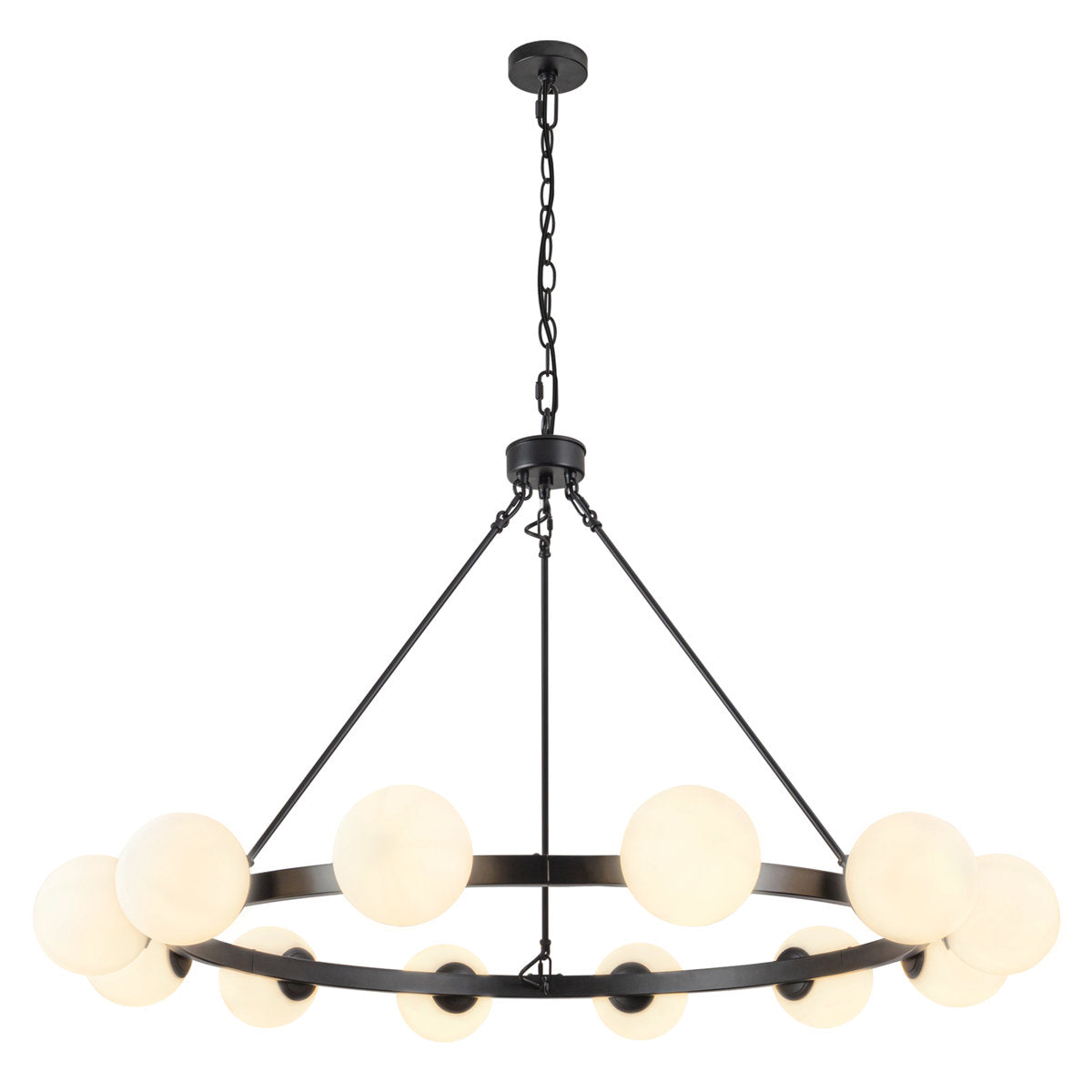 Wagon Wheel Chandelier, 12 Lights, Matte Black Iron with Frosted Glass Shades