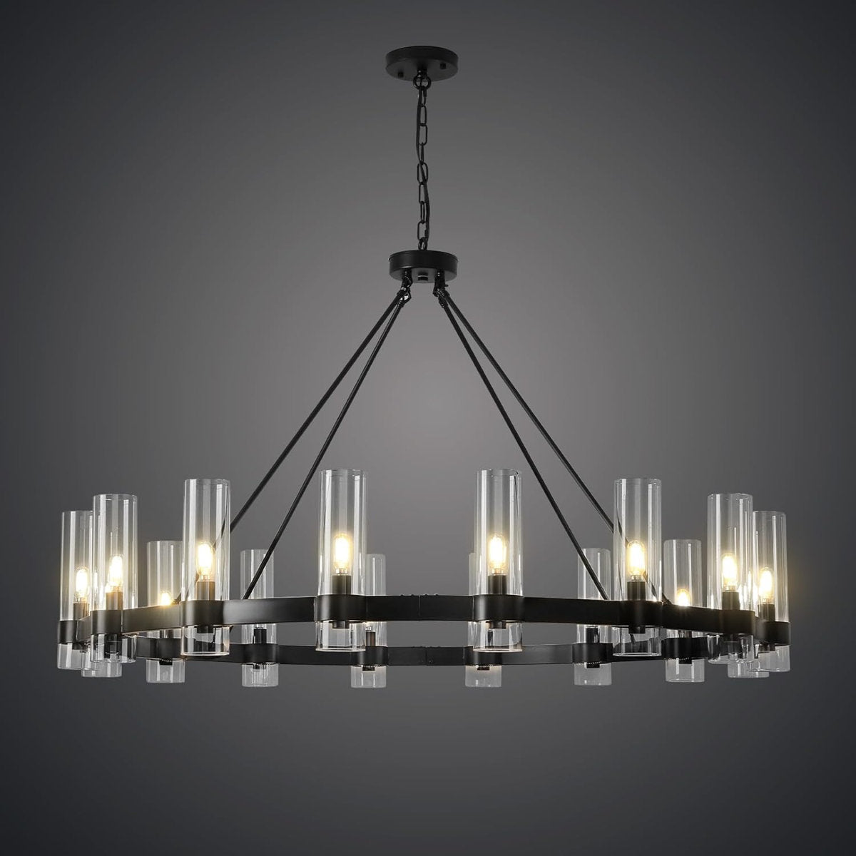 Wagon Wheel Chandelier, 16-Light, Matte Black Metal with Clear Glass Shades