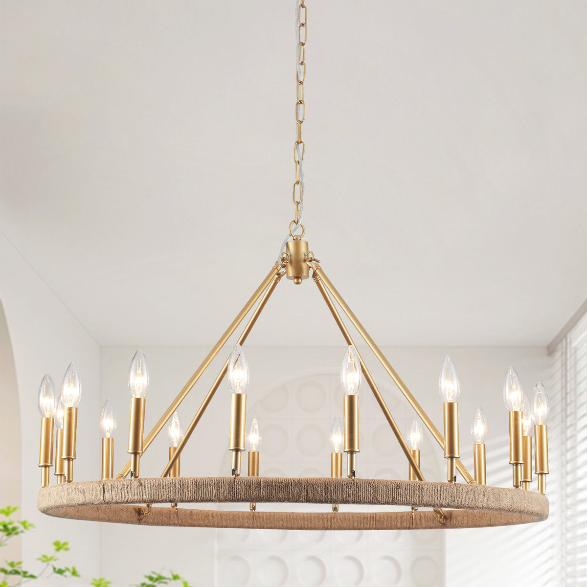 Wagon Wheel Chandelier, 16 Lights, Gold Metal with Hemp Rope