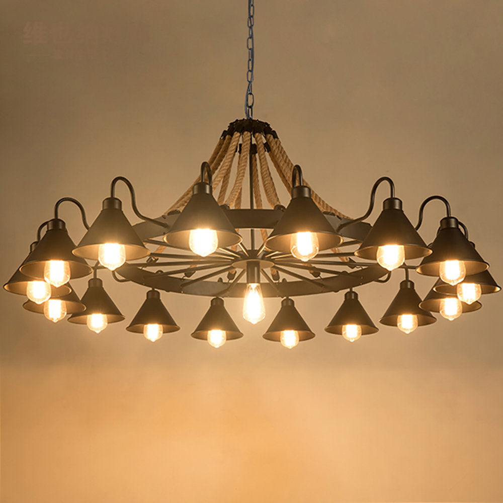 Wagon Wheel Chandelier, 17 Lights, Matte Black Metal