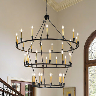 Wagon Wheel Chandelier, 3-Tier with 36 Lights in Matte Black and Gold