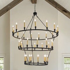 Wagon Wheel Chandelier, 3-Tier with 36 Lights in Matte Black and Gold