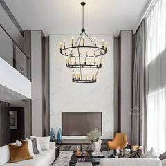 Wagon Wheel Chandelier, 3-Tier with 36 Lights in Matte Black and Gold