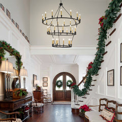 Wagon Wheel Chandelier, 3-Tier with 36 Lights in Matte Black and Gold