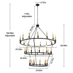 Wagon Wheel Chandelier, 3-Tier with 36 Lights in Matte Black and Gold