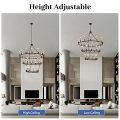 Wagon Wheel Chandelier, 3-Tier with 36 Lights in Matte Black and Gold