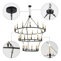 Wagon Wheel Chandelier, 3-Tier with 36 Lights in Matte Black and Gold