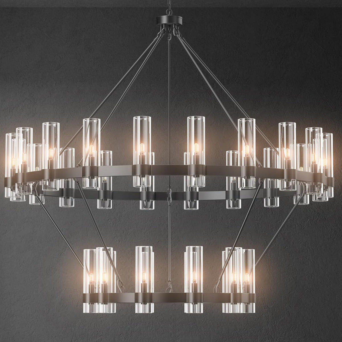 Wagon Wheel Chandelier, 30 Lights in Matte Black Metal