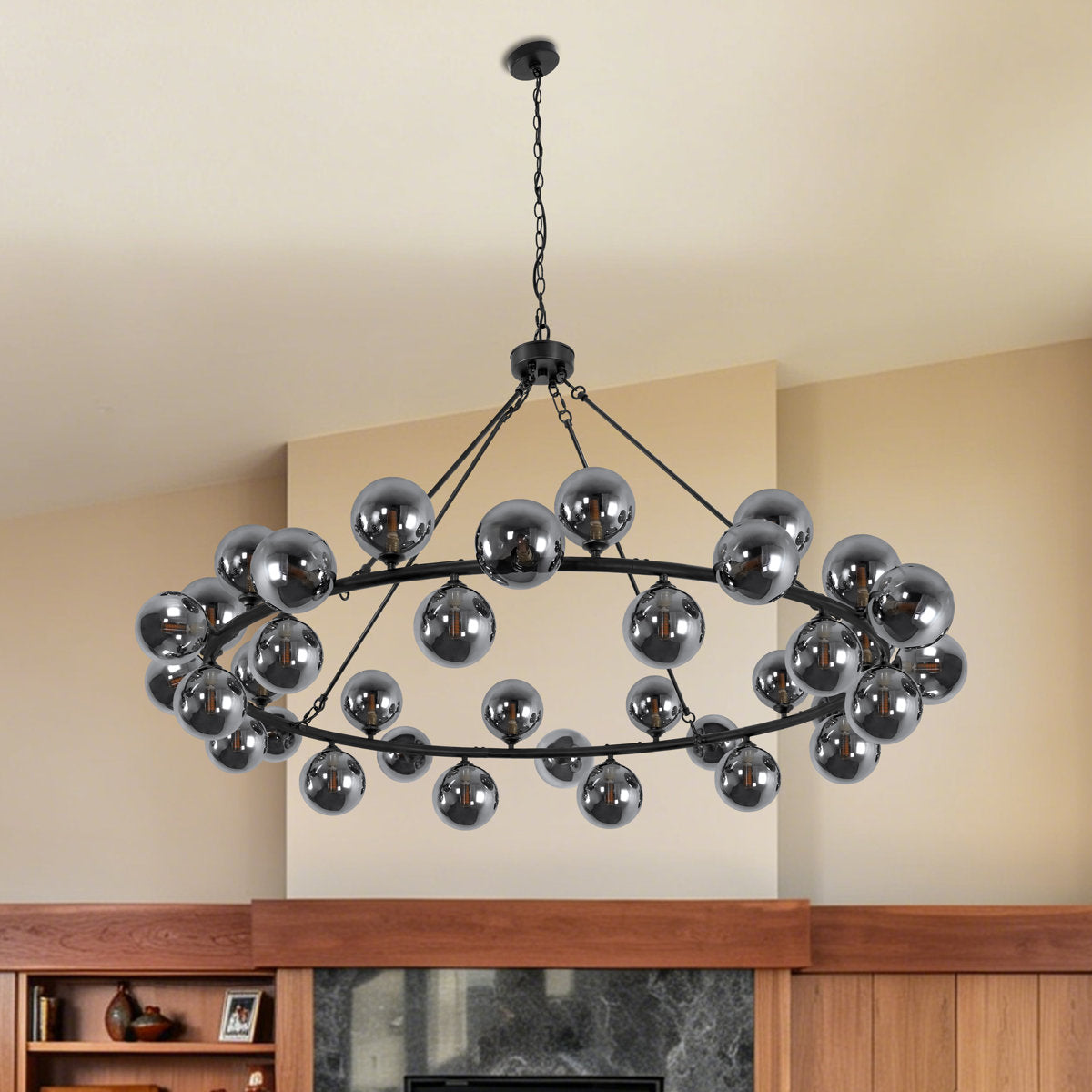 Wagon Wheel Chandelier, 36 Lights, Gray Glass Globes with Matte Black Metal Frame