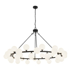 Wagon Wheel Chandelier, 36 Lights, Matte Black with Frosted White Glass Shades
