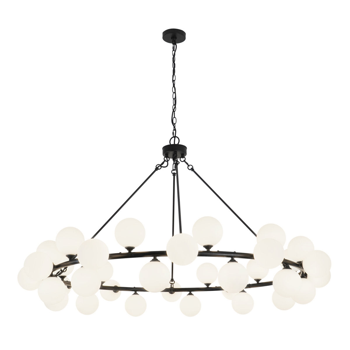 Wagon Wheel Chandelier, 36 Lights, Matte Black with Frosted White Glass Shades