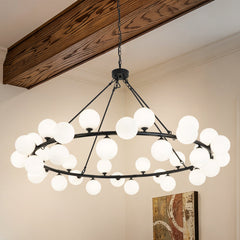 Wagon Wheel Chandelier, 36 Lights, Matte Black with Frosted White Glass Shades