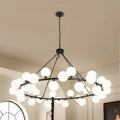 Wagon Wheel Chandelier, 36 Lights, Matte Black with Frosted White Glass Shades