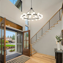 Wagon Wheel Chandelier, 36 Lights, Matte Black with Frosted White Glass Shades