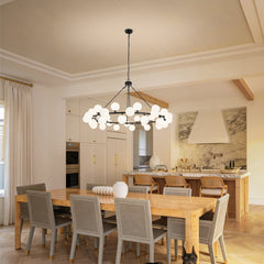 Wagon Wheel Chandelier, 36 Lights, Matte Black with Frosted White Glass Shades