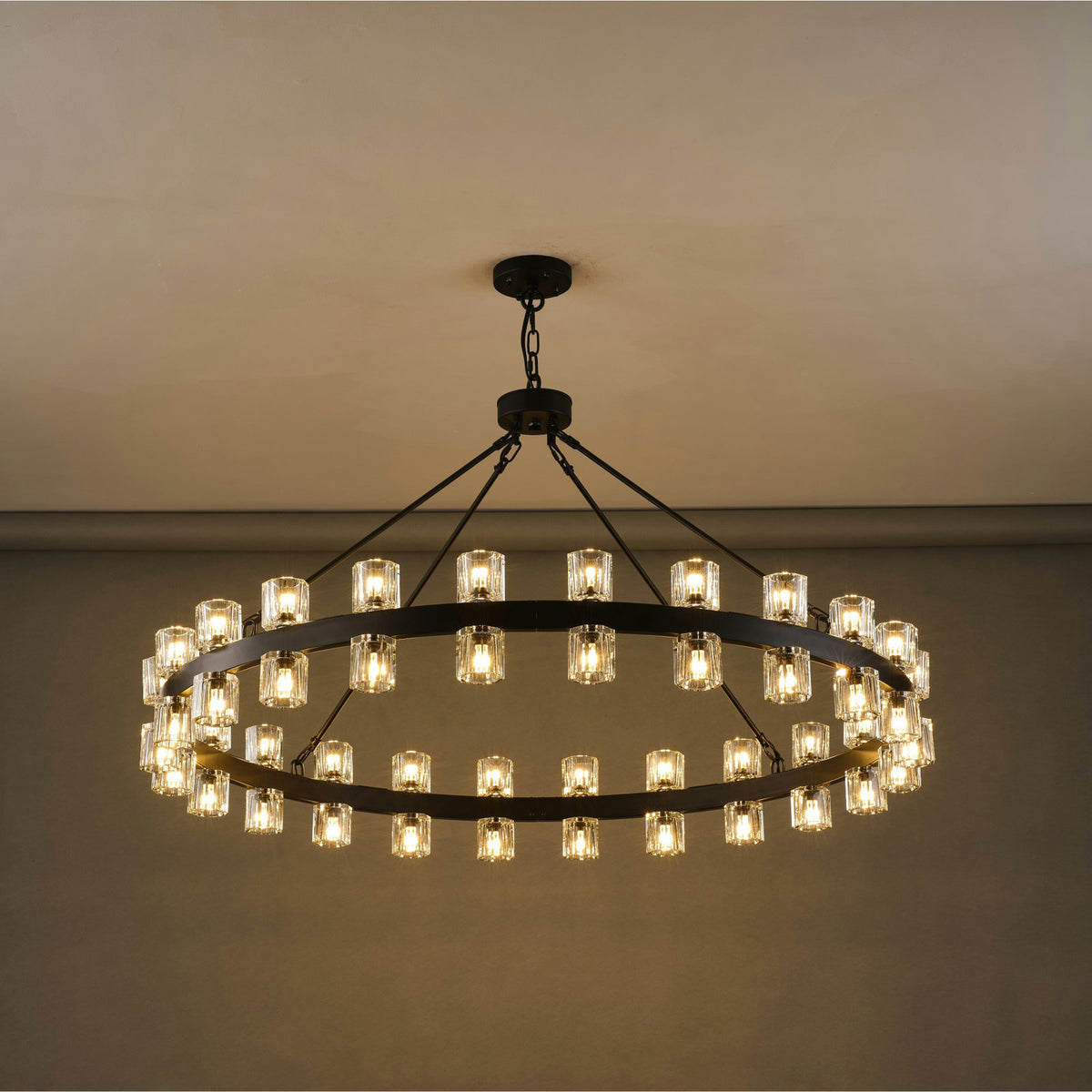 Wagon Wheel Chandelier, 48 LED Lights, Matte Black Metal with Clear Crystal