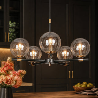 Wagon Wheel Chandelier, 5-Light, Matte Black with Brass Hub and Seeded Glass