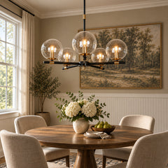 Wagon Wheel Chandelier, 5-Light, Matte Black with Brass Hub and Seeded Glass