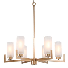 Wagon Wheel Chandelier, 6-Light, Champagne Gold Metal with Frosted Glass Shades
