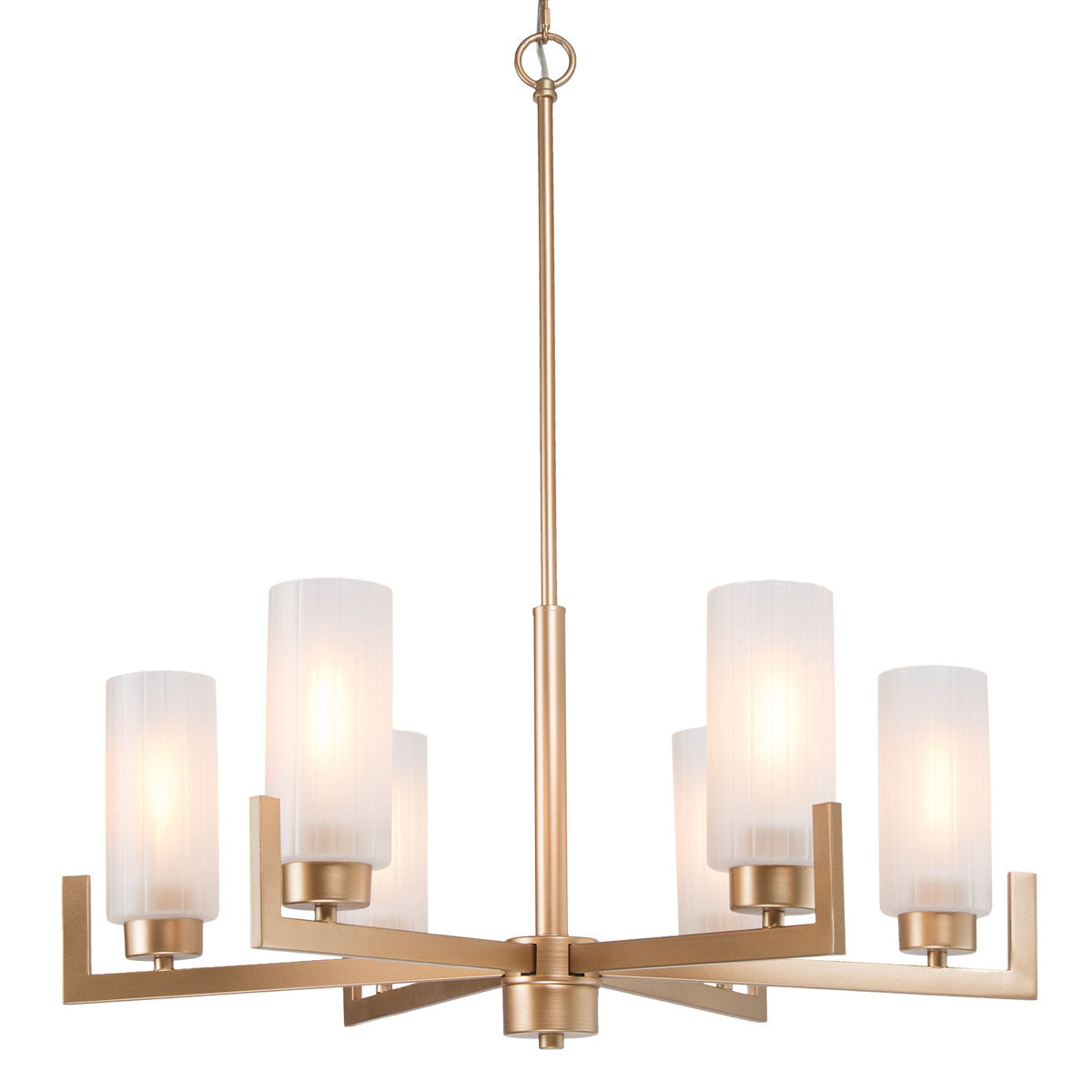 Wagon Wheel Chandelier, 6-Light, Champagne Gold Metal with Frosted Glass Shades