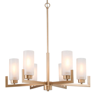Wagon Wheel Chandelier, 6-Light, Champagne Gold Metal with Frosted Glass Shades