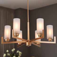 Wagon Wheel Chandelier, 6-Light, Champagne Gold Metal with Frosted Glass Shades