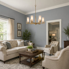 Wagon Wheel Chandelier, 6-Light, Champagne Gold Metal with Frosted Glass Shades