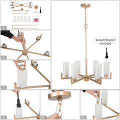 Wagon Wheel Chandelier, 6-Light, Champagne Gold Metal with Frosted Glass Shades