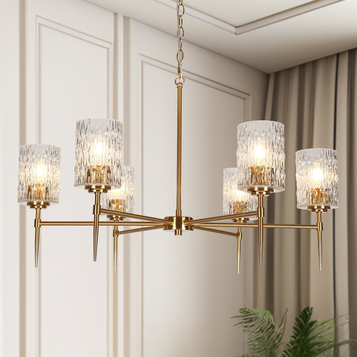 Wagon Wheel Chandelier, 6-Light, Copper Finish with Clear Water Glass Shades