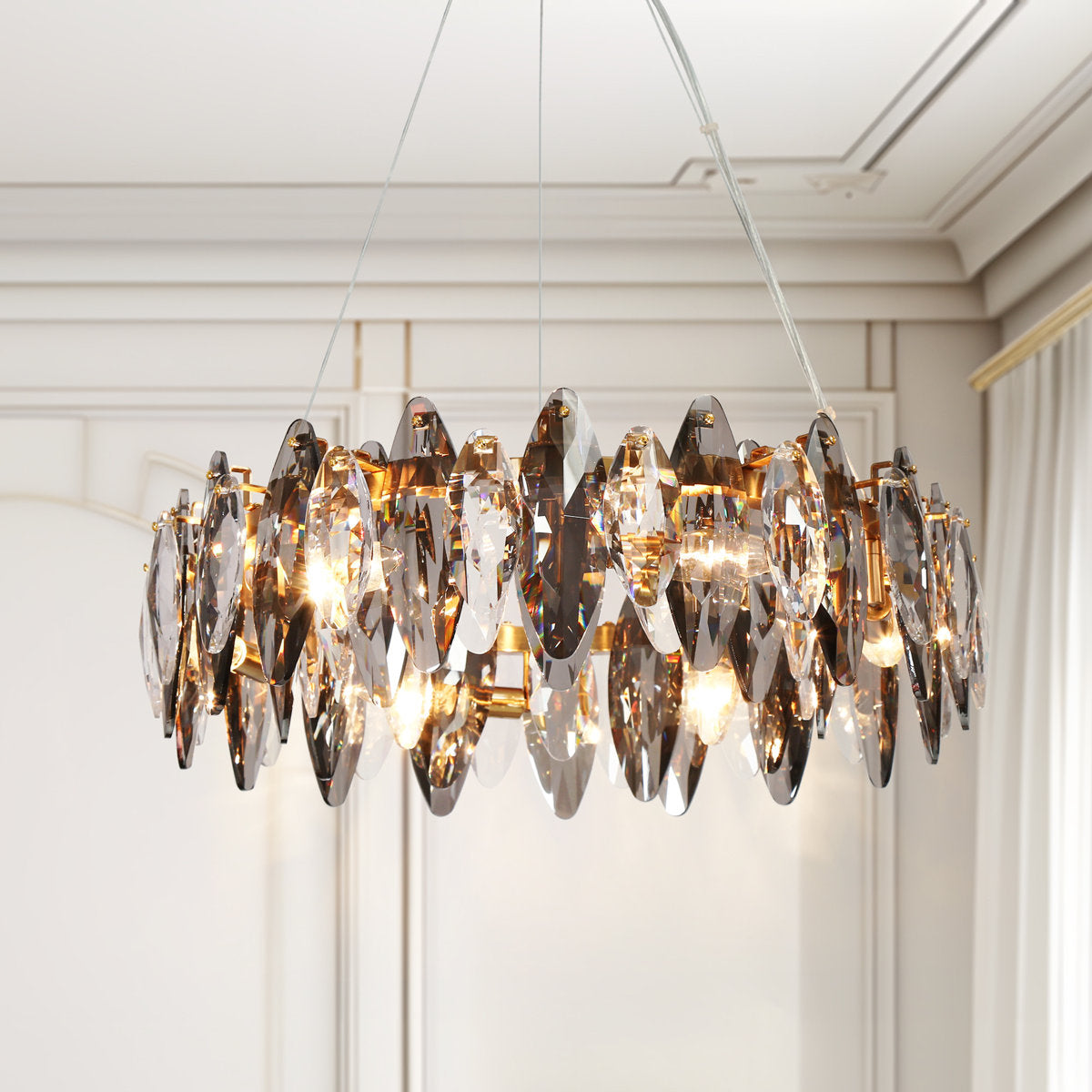 Wagon Wheel Chandelier, 6 Lights, Gold Metal with Crystals