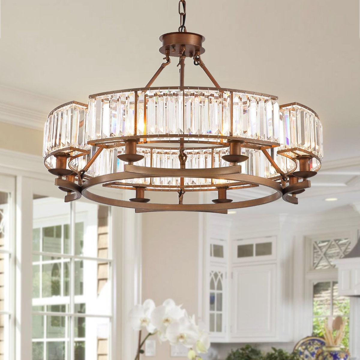 Wagon Wheel Chandelier, 8-Light Dimmable, Clear Crystal with Iron Frame