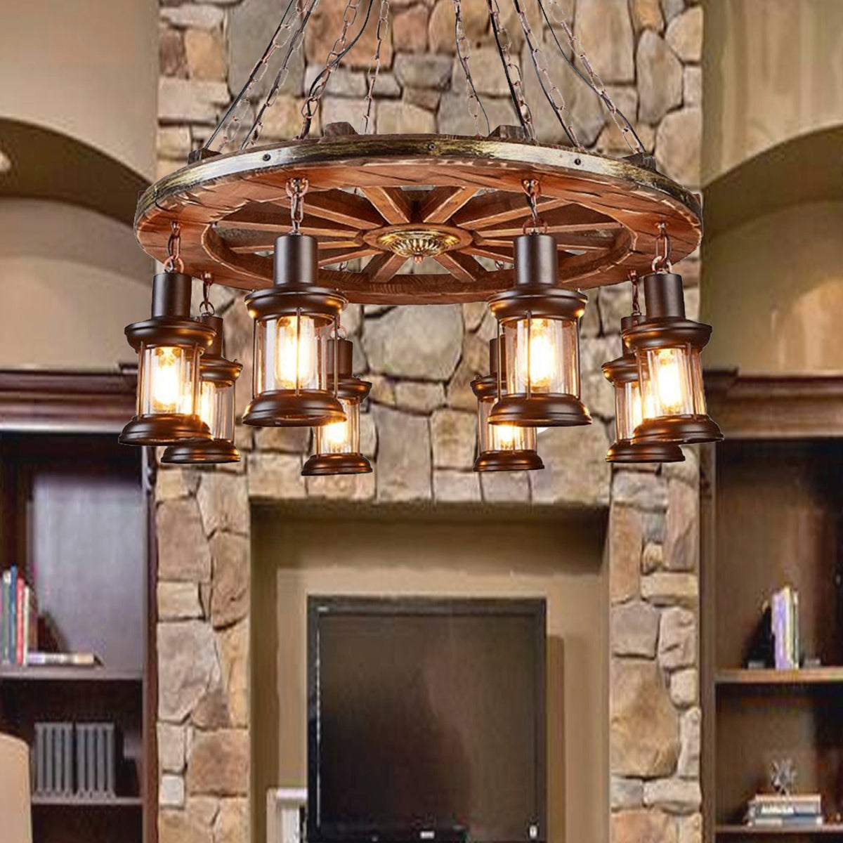 Wagon Wheel Chandelier, 8-Light Wood and Iron in Matte Black