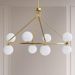 Wagon Wheel Chandelier, 8 Lights, Brushed Brass with Cloud Glass Shades