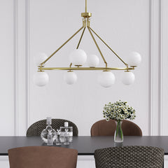 Wagon Wheel Chandelier, 8 Lights, Brushed Brass with Cloud Glass Shades