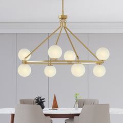 Wagon Wheel Chandelier, 8 Lights, Brushed Brass with Cloud Glass Shades