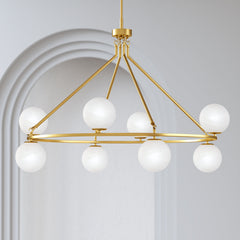 Wagon Wheel Chandelier, 8 Lights, Brushed Brass with Cloud Glass Shades